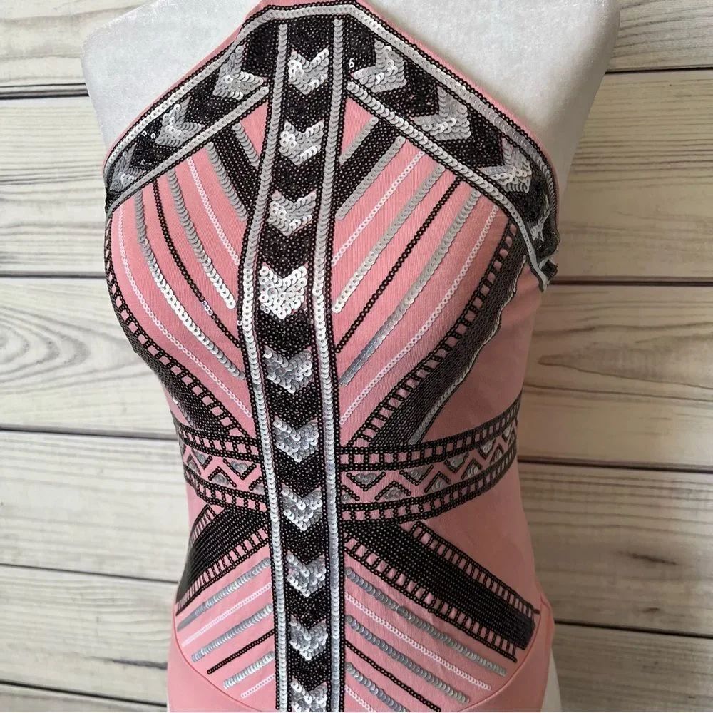 Express Pink Sequin Patterned Halter Bodysuit - Picture 4 of 10